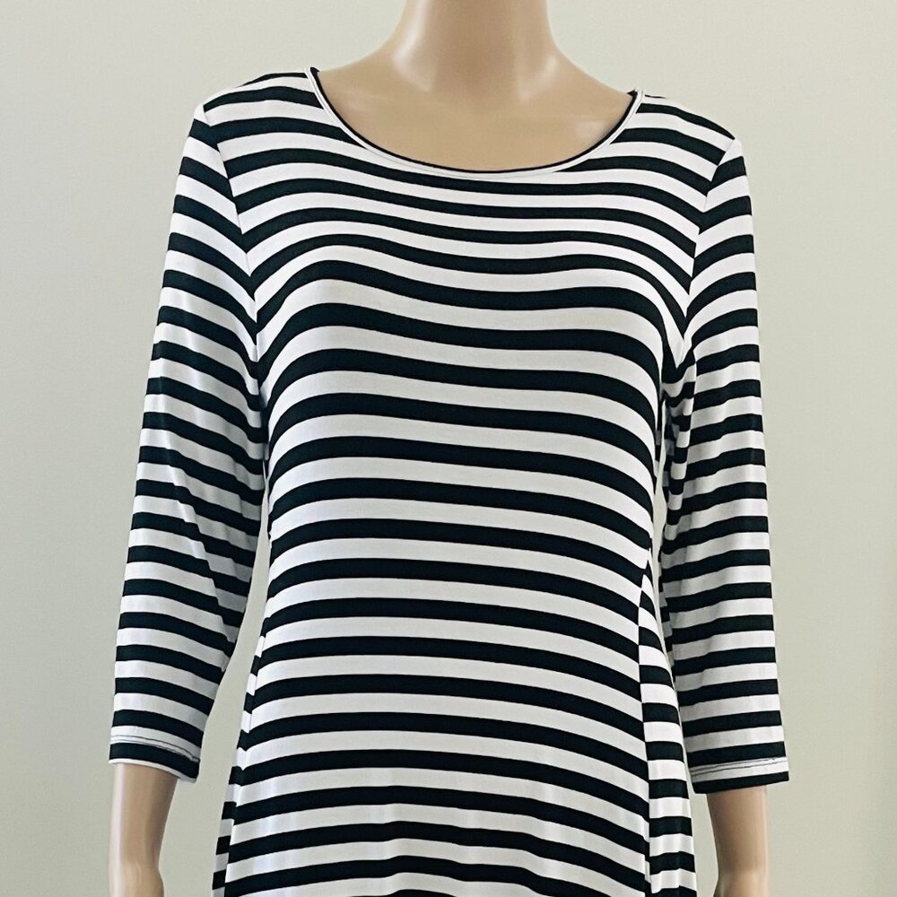 Comfy USA Dress Small Black/White Stripe Stretch Lagenlook Balloon Bubble Hem